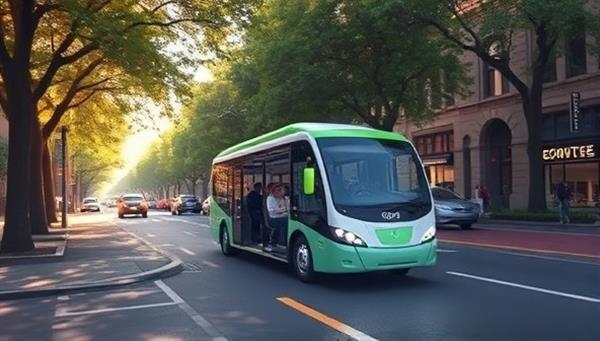 An artistic rendering of the EcoShuttle Service electric shuttle driving through a tree-lined street in a bustling urban area, with passengers onboard, showcasing sustainability and modern transportation solutions.