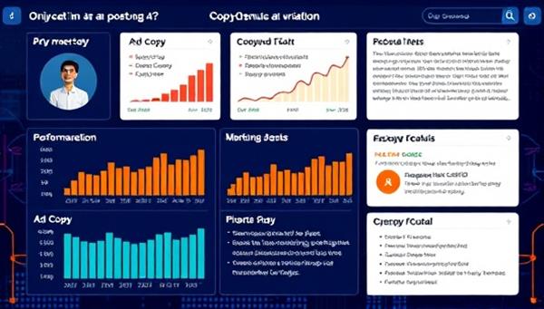 An AI interface displaying real-time ad copy variations and performance metrics, with a digital assistant providing insights and suggestions for optimizing copy, showcasing the capabilities and efficiency of CopyGenius AI in ad writing.