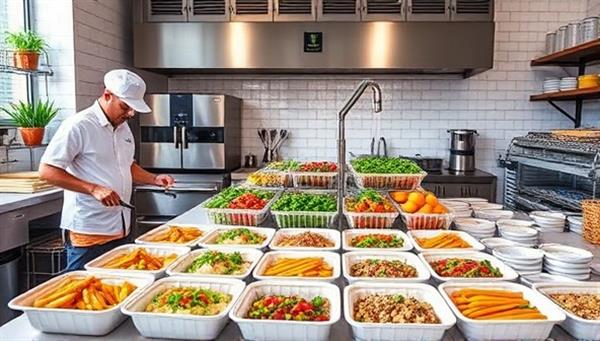 An inviting meal prep kitchen setting with chefs preparing colorful and nutritious meals, a display of fresh ingredients, and neatly packaged meals ready for pickup or delivery, showcasing the precision nutrition and culinary expertise of NourishWell Kitchen.