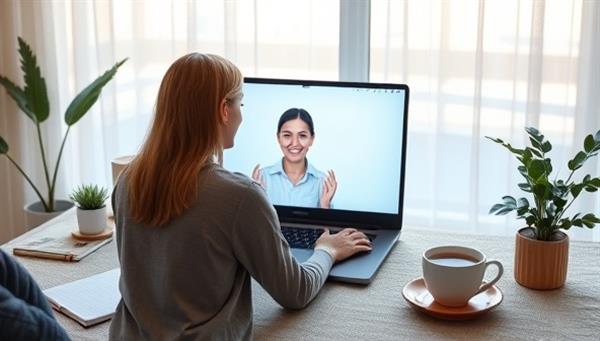 A comforting virtual therapy session setup with a therapist providing support to a client facing a laptop screen, a tranquil background with calming elements, a notebook, and a cup of tea, conveying a safe and supportive space for mental health healing and guidance.
