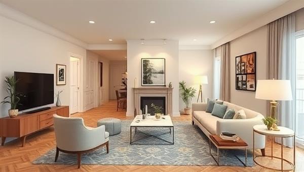 An aesthetic digital rendering of a virtual living room design consultation with a professional interior designer providing layout suggestions and decor ideas, alongside virtual furniture placements and color palette options, illustrating the transformative and visual nature of VirtualDecor Solutions