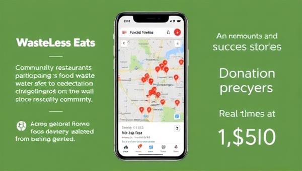 An engaging image of the WasteLess Eats app interface displaying a map with nearby restaurants participating in food waste reduction efforts, donation success stories, and real-time metrics on the amount of food saved from being wasted, highlighting the app