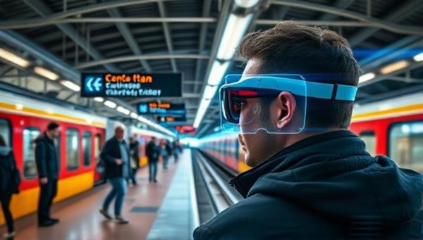 A captivating visual representation showing a commuter wearing AR glasses at a bustling train station, with virtual signs and directions superimposed on the physical environment, guiding the user seamlessly through the station and towards the correct platform, illustrating the convenience and futuristic nature of AR-enhanced public transit navigation.