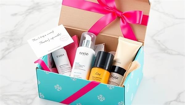 An elegantly wrapped skincare box with vibrant colors and a personalized note, showcasing a selection of high-quality skincare products and accessories peeking out from within, creating an enticing and luxurious visual appeal.