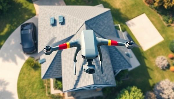 An aerial drone view of a residential property with the drone operator conducting an inspection, capturing detailed images of the roof, facade, and surrounding landscape, showcasing the efficiency and precision of drone property inspection services.