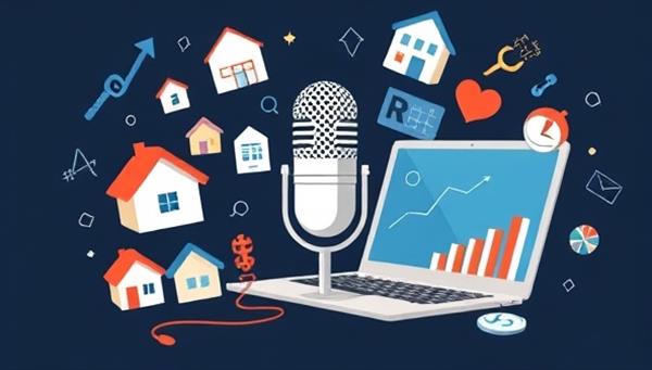 An artistic illustration of a microphone and laptop surrounded by real estate symbols such as houses, keys, and graphs, representing the dynamic and informative content produced by PropertyPulse Media for its real estate podcast and blog network.