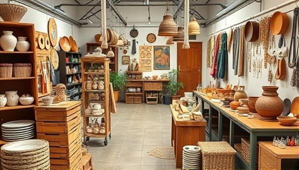 An artistic digital display of a virtual artisan marketplace filled with handcrafted ceramics, textiles, jewelry, and art pieces, set against a backdrop of artisan workshops and creative studios, capturing the essence of craftsmanship, creativity, and community support in an online setting.