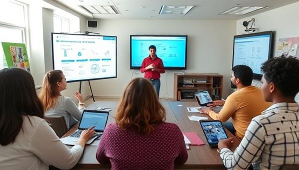 A virtual workshop setting with a diverse group of participants engaging in a financial literacy session led by an enthusiastic instructor, surrounded by interactive visual aids and digital tools, fostering a collaborative and educational atmosphere.
