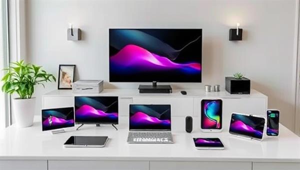 A sleek and modern smart home setup featuring various smart devices accessorized with ConnectCover Creations