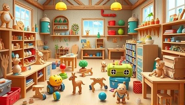 A charming workshop scene filled with colorful wooden toys, playful designs, and child-friendly elements, creating a whimsical and educational atmosphere for crafting customized wooden toys, highlighting the joy and creativity in the toy-making process.