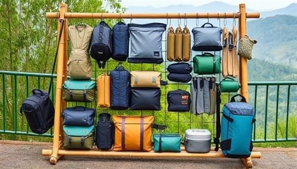 An assortment of neatly organized eco-friendly travel gear items displayed on a sustainable bamboo rack against a backdrop of lush greenery and natural landscapes, showcasing the blend of functionality and environmental responsibility in outdoor exploration.