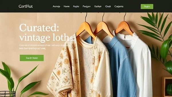An aesthetically pleasing website layout featuring curated vintage clothing items displayed on wooden hangers against a backdrop of green plants and recycled paper, conveying a blend of style and sustainability in a visually appealing manner.