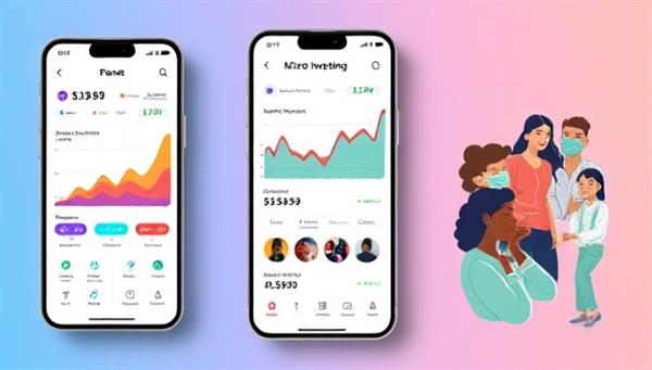 An interactive mobile app interface with colorful graphs displaying investment performance, diverse users engaging in micro-investing, and a seamless investment process, conveying accessibility and inclusivity.