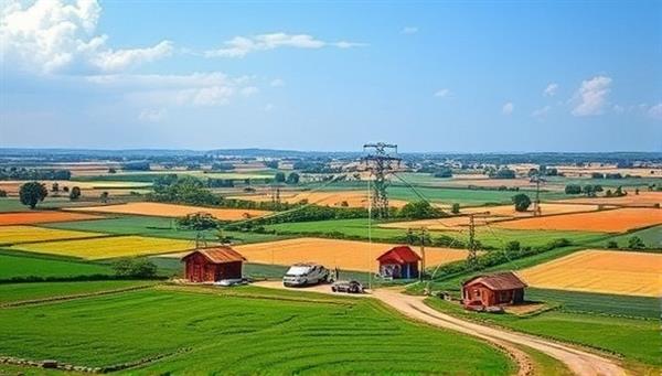 A visual representation of a rural landscape with digital networks extending to connect remote communities, symbolizing the transformative impact of broadband expansion on rural areas.