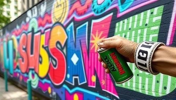 A vibrant and colorful graffiti mural on a city wall with a close-up of the artist using eco-friendly spray paint, emphasizing the artistry and sustainability of the advertising concept.