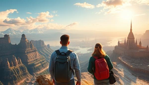 An exhilarating virtual travel expedition scene showcasing breathtaking landscapes, iconic landmarks, and diverse cultural experiences, where digital avatars embark on a thrilling adventure led by an experienced guide, capturing the excitement and wonder of global exploration in a virtual travel club experience.