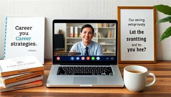A virtual meeting setup with a professional discussing career strategies on a laptop screen, surrounded by career development books, a motivational quote poster, and a cup of tea, creating a supportive and inspiring environment for remote career coaching sessions.