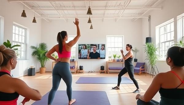 An energetic fitness instructor leading a dynamic workout session in a bright and spacious virtual studio, with participants joining the live stream from different locations, conveying the vibrant and interactive nature of FitStream