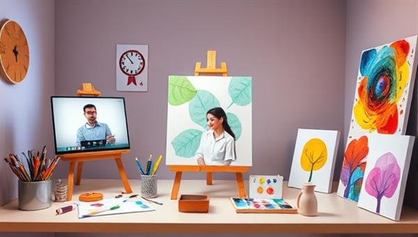 A digital art studio setup with various art supplies, a canvas in progress, a therapist guiding a client through an art therapy session via video call, and colorful artwork displayed, symbolizing the healing and expressive nature of art therapy in a virtual setting.