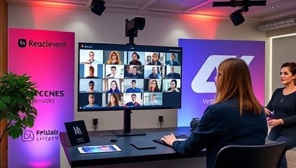 A professional virtual event setup featuring an event planner coordinating a virtual conference with multiple participants on-screen, alongside branding elements, interactive features, and engaging visuals, showcasing the capabilities and professionalism of the virtual event service.