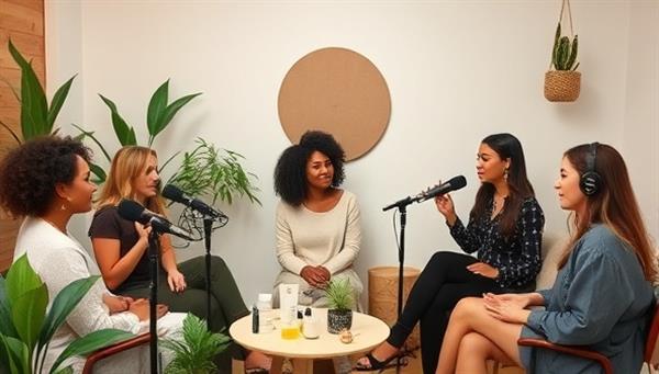 An image of a diverse group of podcast hosts recording episodes in a professional studio setting, surrounded by eco-friendly beauty products, plants, and sustainable decor elements, reflecting a vibrant and inclusive podcast network focused on sustainable beauty topics.