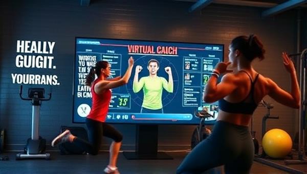 An energetic workout scene with a virtual coach guiding a user through a dynamic exercise routine on a digital screen, surrounded by motivational quotes and fitness equipment, evoking motivation and dedication to health goals.