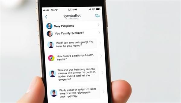 An engaging chatbot interface on a smartphone screen, interacting with a user about their symptoms and providing friendly and informative health advice, showcasing the user-friendly and AI-driven capabilities of SymptoBot Assist for symptom triage.