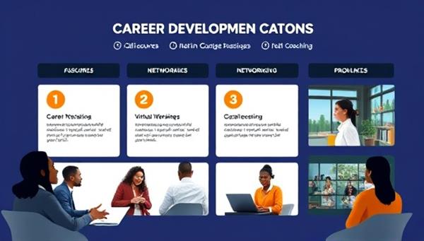 A professional and dynamic career development platform interface featuring career resources, networking events, and mentorship programs, with diverse individuals participating in virtual workshops and career coaching sessions, promoting growth and advancement in the professional realm.
