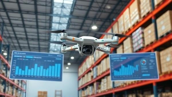 An aerial view of a warehouse facility with drones flying overhead, conducting inventory audits with precision and speed, while data analytics screens display real-time inventory counts and audit reports, creating a futuristic and efficient auditing process in warehouse management.