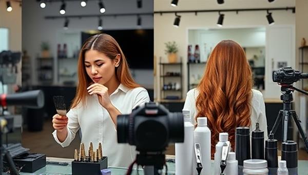 A split-screen image showing a professional hairstylist demonstrating a hair styling technique on one side, with a virtual workshop setup featuring a camera, styling tools, and hair products on the other side, creating an immersive and educational visual experience.