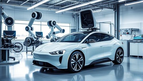 An innovative service bay with robotic arms conducting maintenance on a sleek autonomous vehicle, showcasing a blend of cutting-edge technology and automotive expertise.