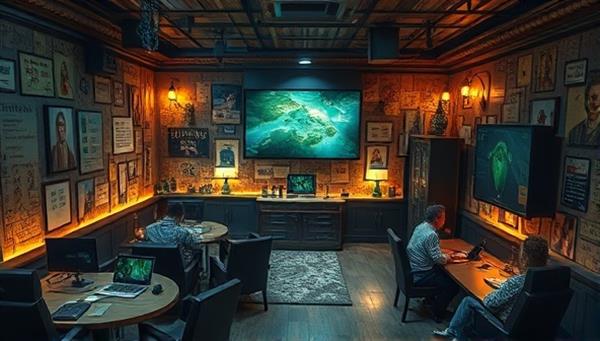 An artistic depiction of a virtual escape room setting with intricate puzzles, hidden clues, and a diverse group of players collaborating on solving challenges, creating a sense of mystery and excitement in a digital environment.
