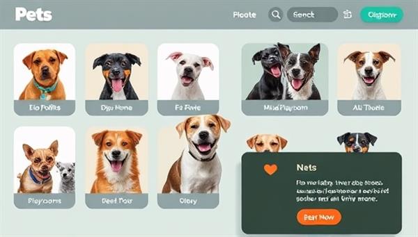 A digital pet adoption interface featuring a diverse range of rescue animals in need of loving homes, interactive bio profiles, virtual playrooms for meet-and-greets, and heartwarming adoption success stories, creating a virtual haven for pets and adopters to connect and thrive together.