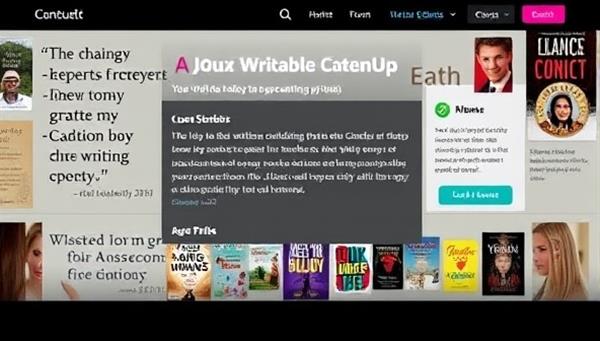 An online platform interface displaying a virtual writing community hub with members sharing stories, providing feedback, and engaging in writing challenges, surrounded by inspirational quotes and book covers, creating a vibrant and collaborative space for creative expression.