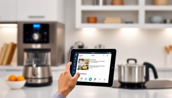 A smart kitchen setup with voice-activated appliances and the SmartChef Voice app displayed on a tablet, showing a user interacting with the app to search for recipes and control cooking settings, depicting the futuristic and efficient cooking experience.