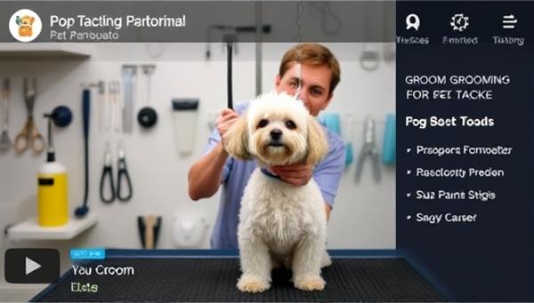 An informative image of a professional groomer demonstrating pet grooming techniques on a video tutorial, showcasing grooming tools and products, with a well-groomed pet model as the subject, highlighting the educational and practical nature of the grooming tutorial platform.