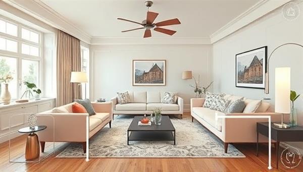 An AR visualization of a virtual living room with furniture and decor items overlaid in a real-world space, demonstrating the tool