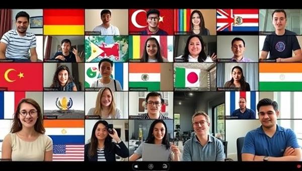 A diverse virtual language exchange session with participants from different countries engaging in language practice, cultural sharing, and interactive language challenges, supported by language tutors and moderators, creating a dynamic and inclusive language learning environment on LingoSwap Connect.