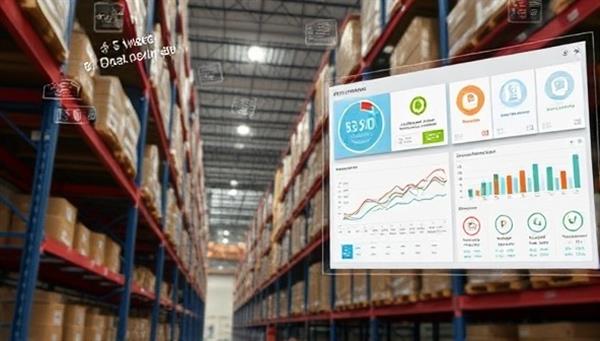 A warehouse scene with sensors and IoT devices seamlessly tracking inventory movements, with a digital dashboard displaying real-time data analytics and stock levels, illustrating the efficiency and modernity of SmartStock Solutions.