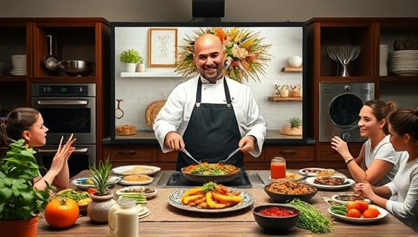 A virtual cooking class setup with a celebrity chef leading a live demonstration on preparing a gourmet dish, surrounded by cooking utensils, fresh ingredients, and eager participants following along from their own kitchens, creating a dynamic and interactive culinary experience.