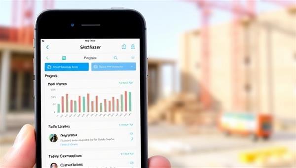 A smartphone displaying the SiteMaster app interface with project progress charts, task lists, and communication channels, set against a construction site backdrop, highlighting the app