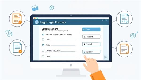 An illustration of a computer screen showing a user filling out a legal document form with intuitive prompts, surrounded by icons representing different types of legal documents, symbolizing simplicity and convenience.