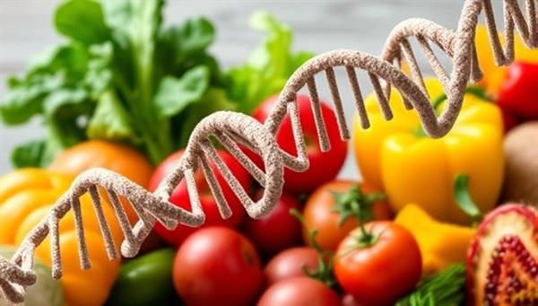 An image of a DNA double helix intertwined with fresh fruits and vegetables, symbolizing the connection between genetics and nutrition, and highlighting the personalized nutrigenomics testing service offered by GeneFuel Wellness.
