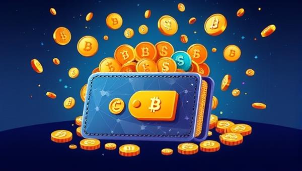 An illustration of a digital wallet overflowing with cryptocurrency tokens and rewards, symbolizing the accumulation of crypto rewards through continuous gambling activities on the CryptoGamble Rewards platform, showcasing the value and benefits of the loyalty program to users.