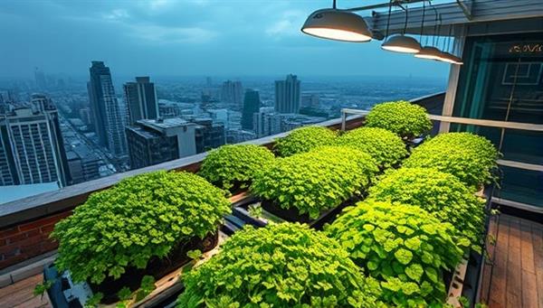 An urban rooftop garden filled with thriving crops under the glow of LED lights, showcasing the futuristic and sustainable nature of VertiGrow