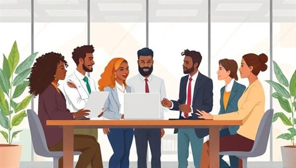 An illustrative depiction of a diverse group of professionals collaborating in a modern office setting, symbolizing the inclusive and collaborative work environment fostered by the Diversity & Inclusion Recruitment Consultancy, DiverseHire.