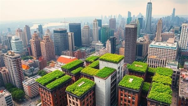 An aerial view of a bustling cityscape with green rooftop gardens flourishing on top of buildings, showcasing the potential of urban spaces transformed into productive agricultural hubs.