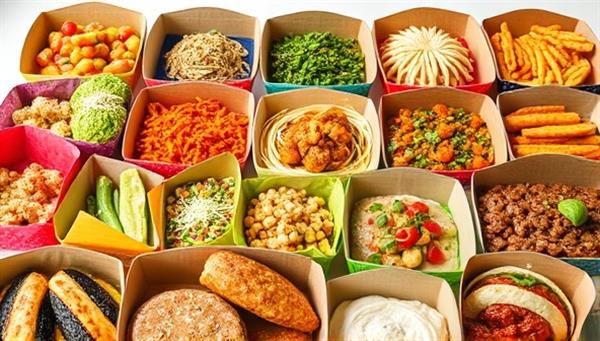 An enticing array of diverse food dishes displayed in colorful packaging, representing the variety of cuisines available for delivery through the Flavor Fleet platform, creating a visually appealing and appetizing image.