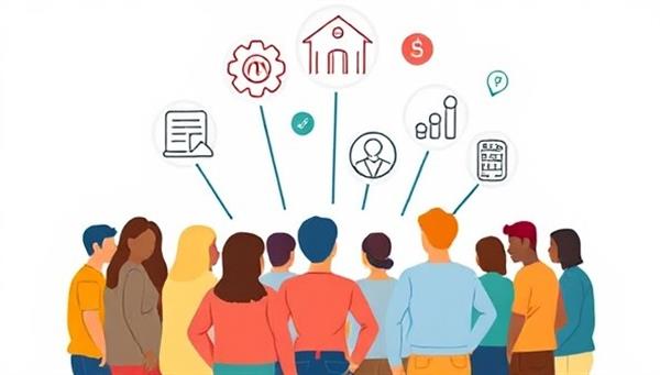A diverse group of people standing in a circle, symbolizing a community, with various insurance icons floating above their heads, representing shared protection and collaboration.