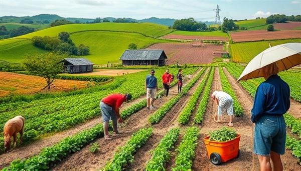 A picturesque rural farm setting with rolling green hills, colorful fields, and farm animals, where visitors are actively engaged in planting crops, picking fresh vegetables, and participating in farm activities, capturing the immersive and authentic essence of GreenVista Tours.